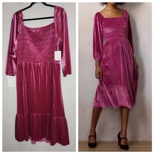 NWT Lauren Conrad Velvet Smocked Bodice Midi Dress Wine Pink Red XXL